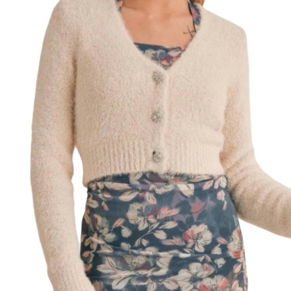 Cropped Cardigan Rhinestone Buttons Cream SAGE THE LABEL Cassie New Size S/M - Picture 2 of 15